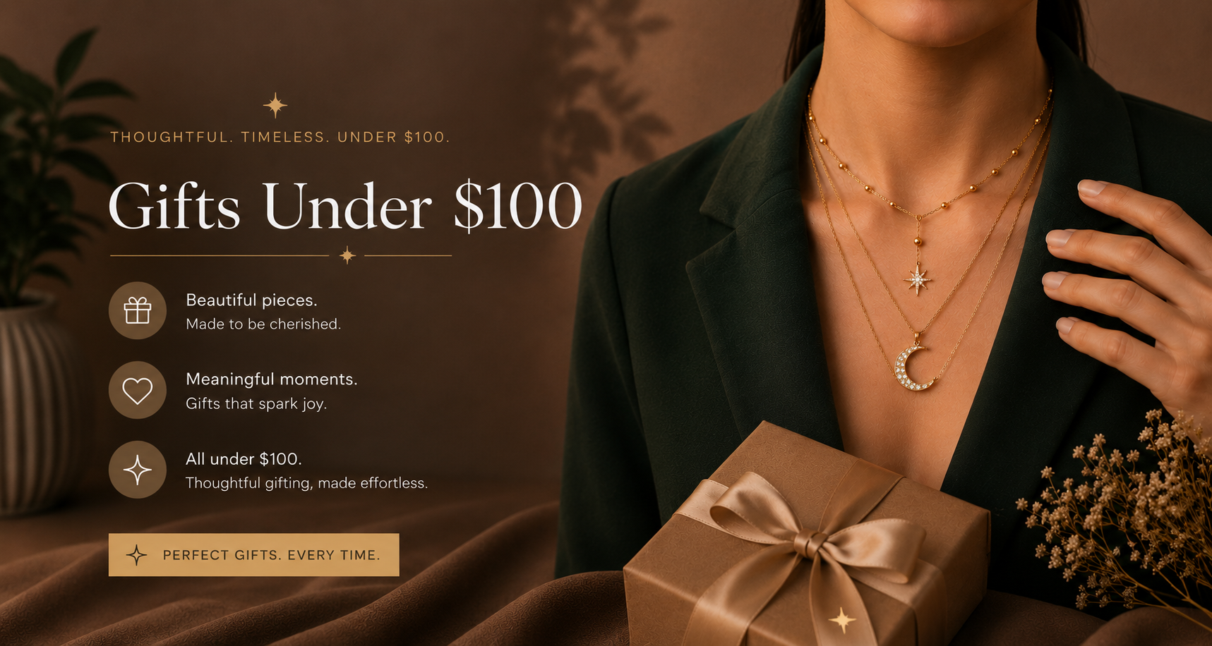 Dione Canada jewelry gifts under $100 — layered gold necklaces with crescent moon and star pendants