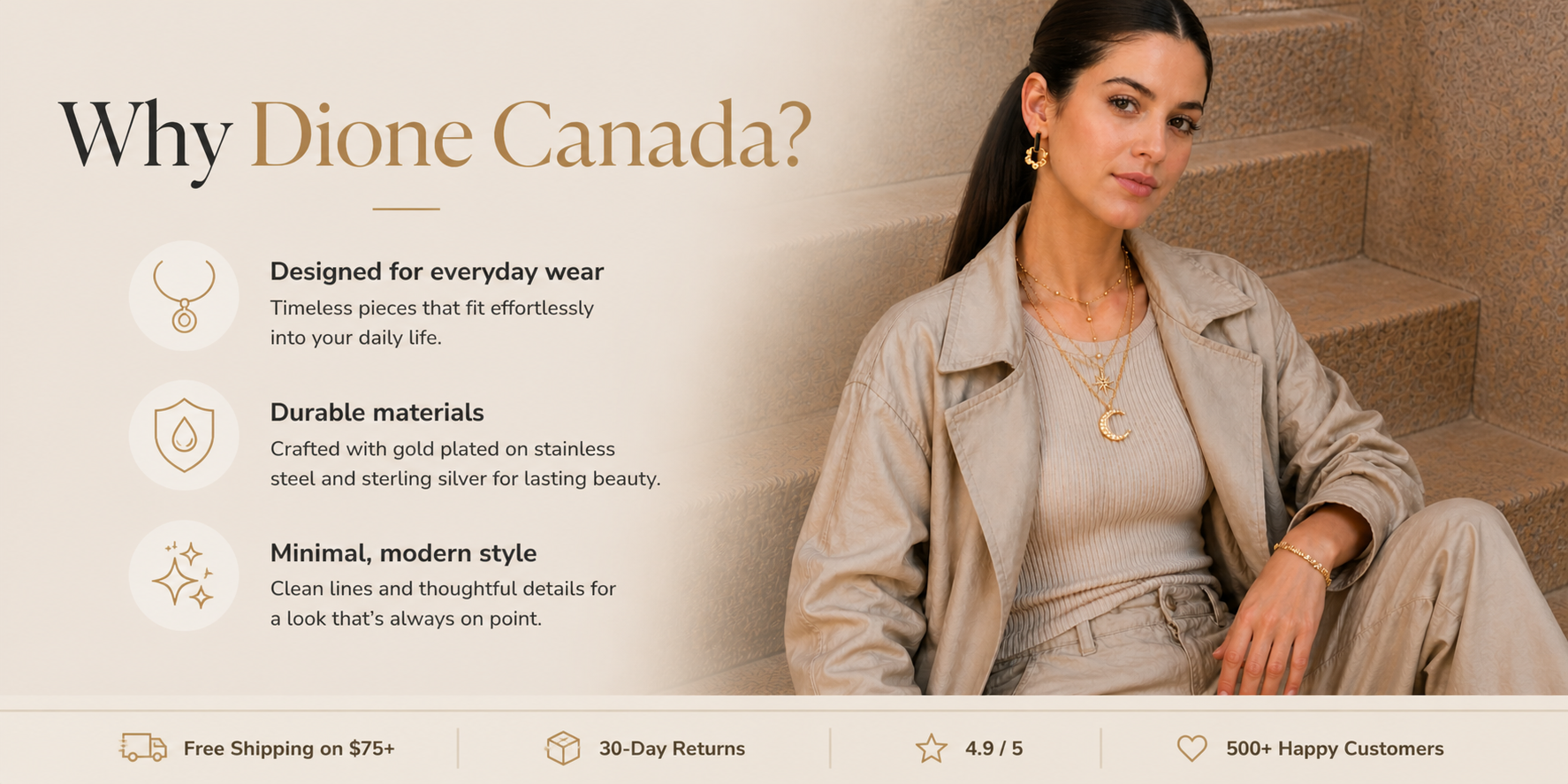 Woman wearing gold jewelry showcasing Dione Canada brand values including everyday wear, durable materials, and minimal modern style