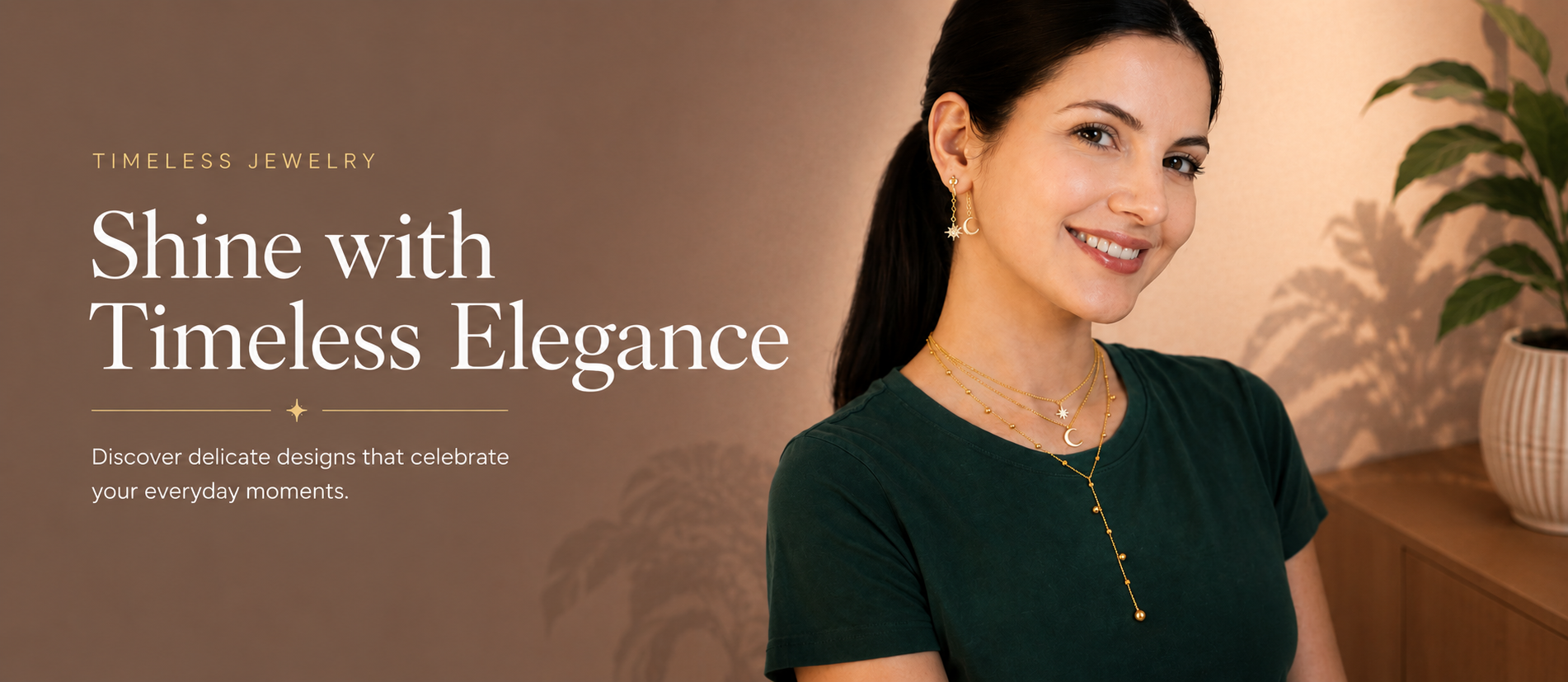 Woman wearing layered gold moon and star jewelry set with elegant beige luxury background banner
