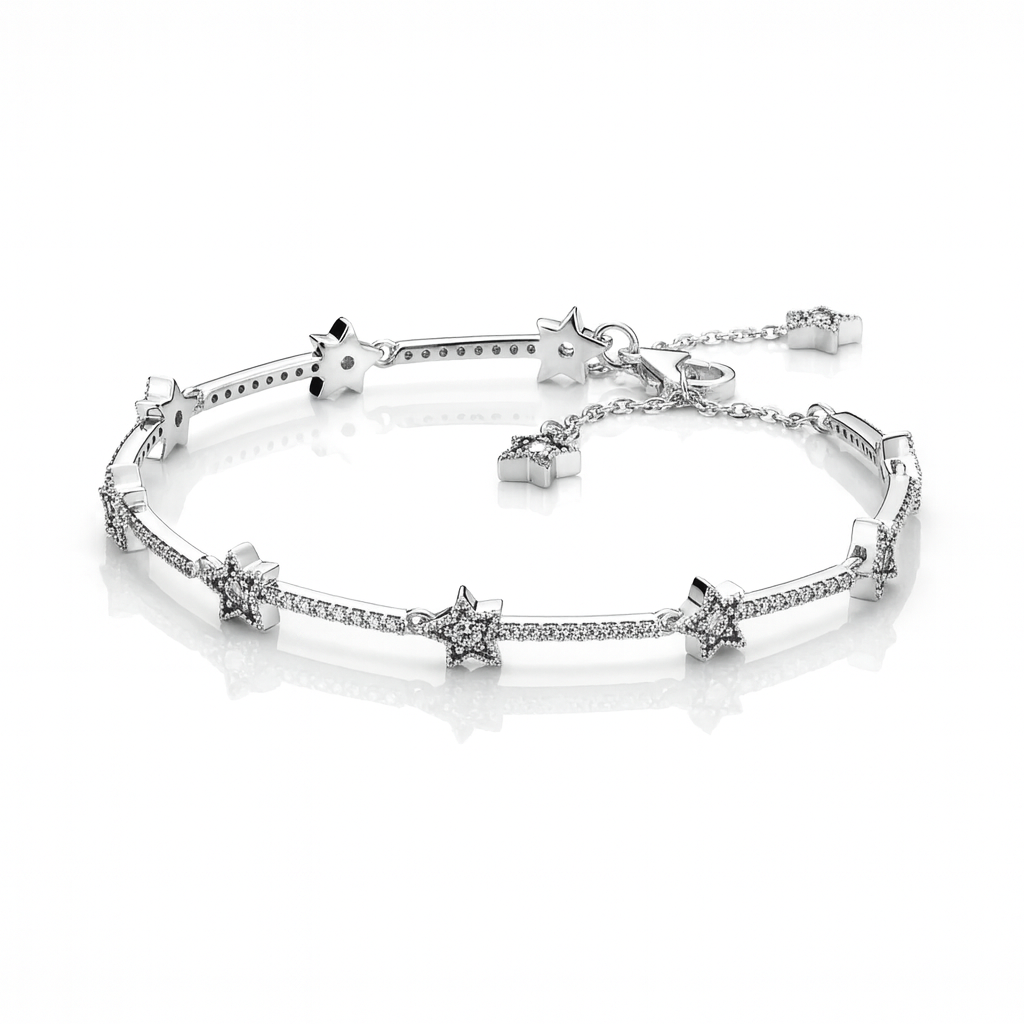 Stellar Trail Bracelet in white copper with silver plating and zircon-adorned star motif by Dione Canada