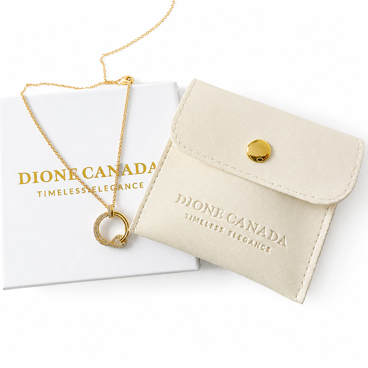 A cream-colored faux leather card holder wallet with gold hardware, shown with its white branded box and a gold chain necklace on a white background.