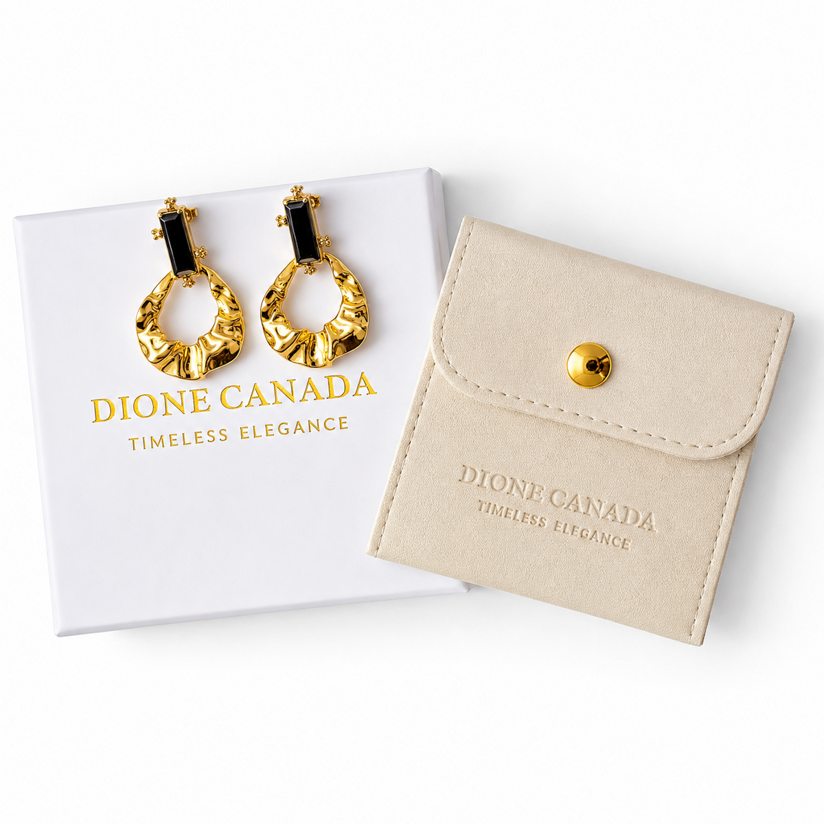 Dione Canada timeless elegance gold hoop earrings with black inlay, shown with their white branded presentation box and a beige velvet pouch on a white background.