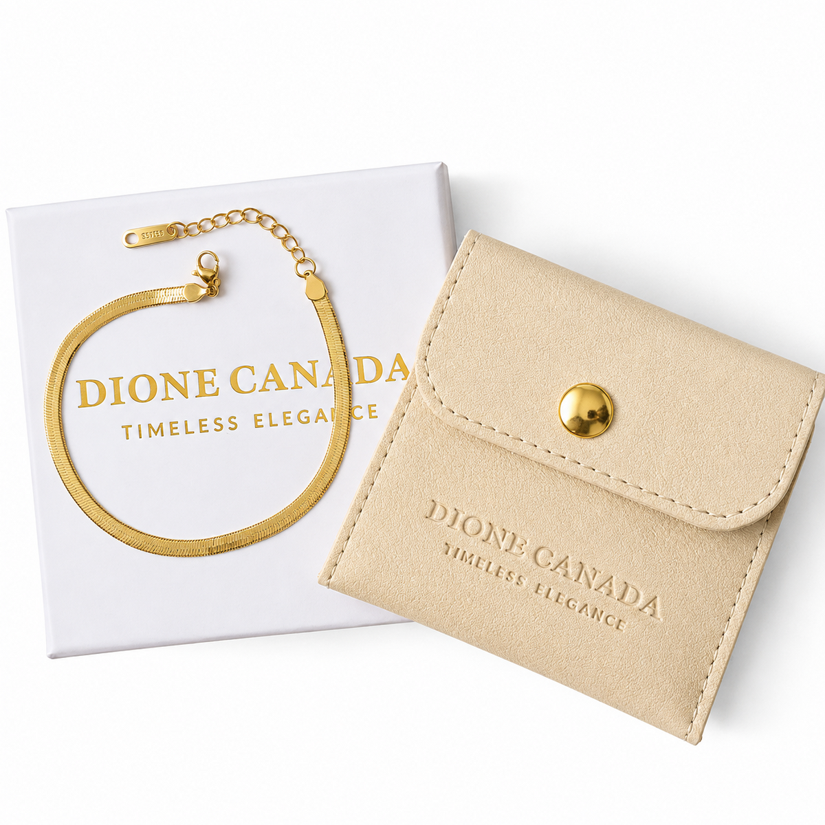 Dior Canada jewelry set featuring a gold-toned Timeless Elegance bracelet, a beige faux-leather wallet with gold hardware, and the white Dior box.