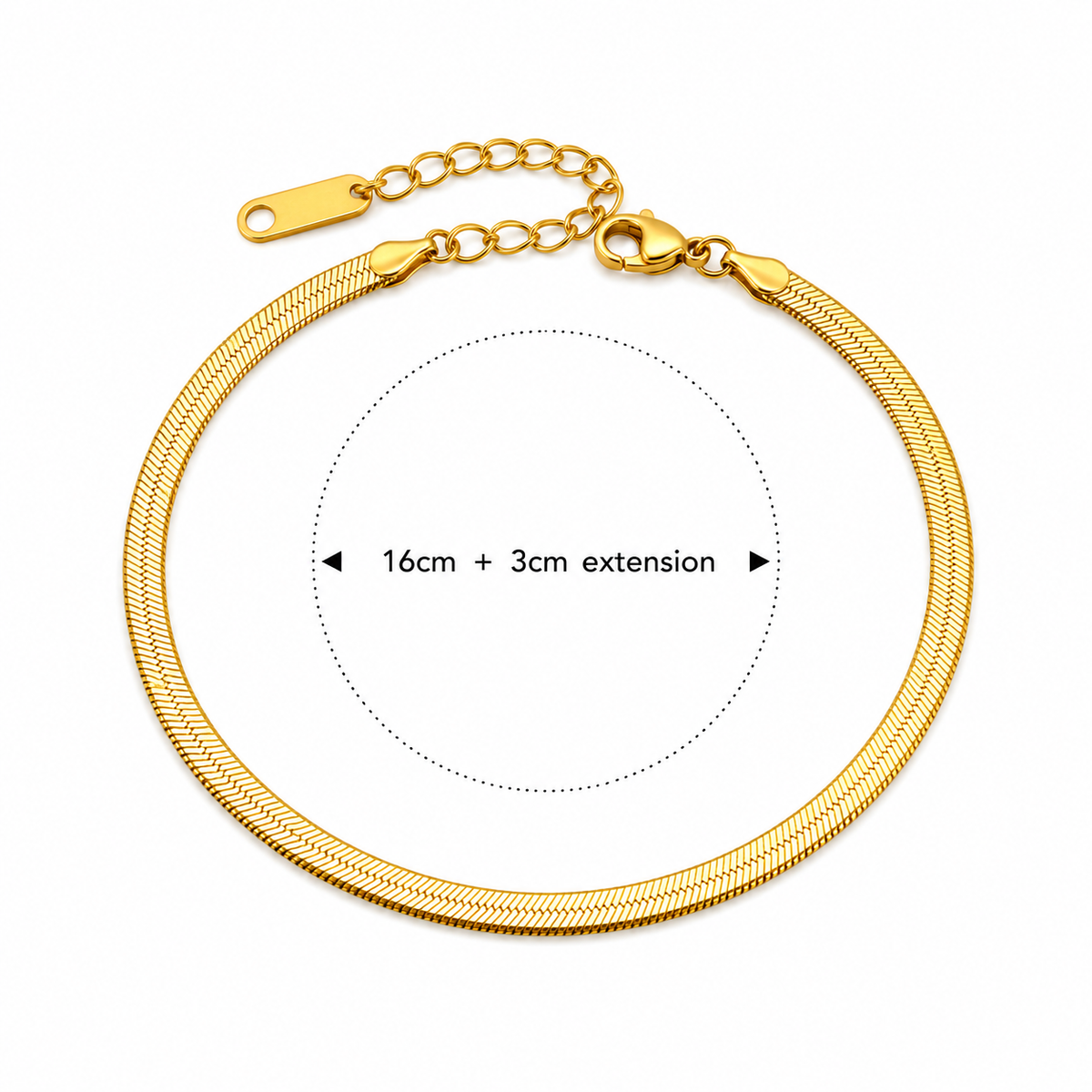 Gold snake chain bracelet with a measurement overlay indicating a 16cm diameter and 3cm extension, shown on a plain white background.