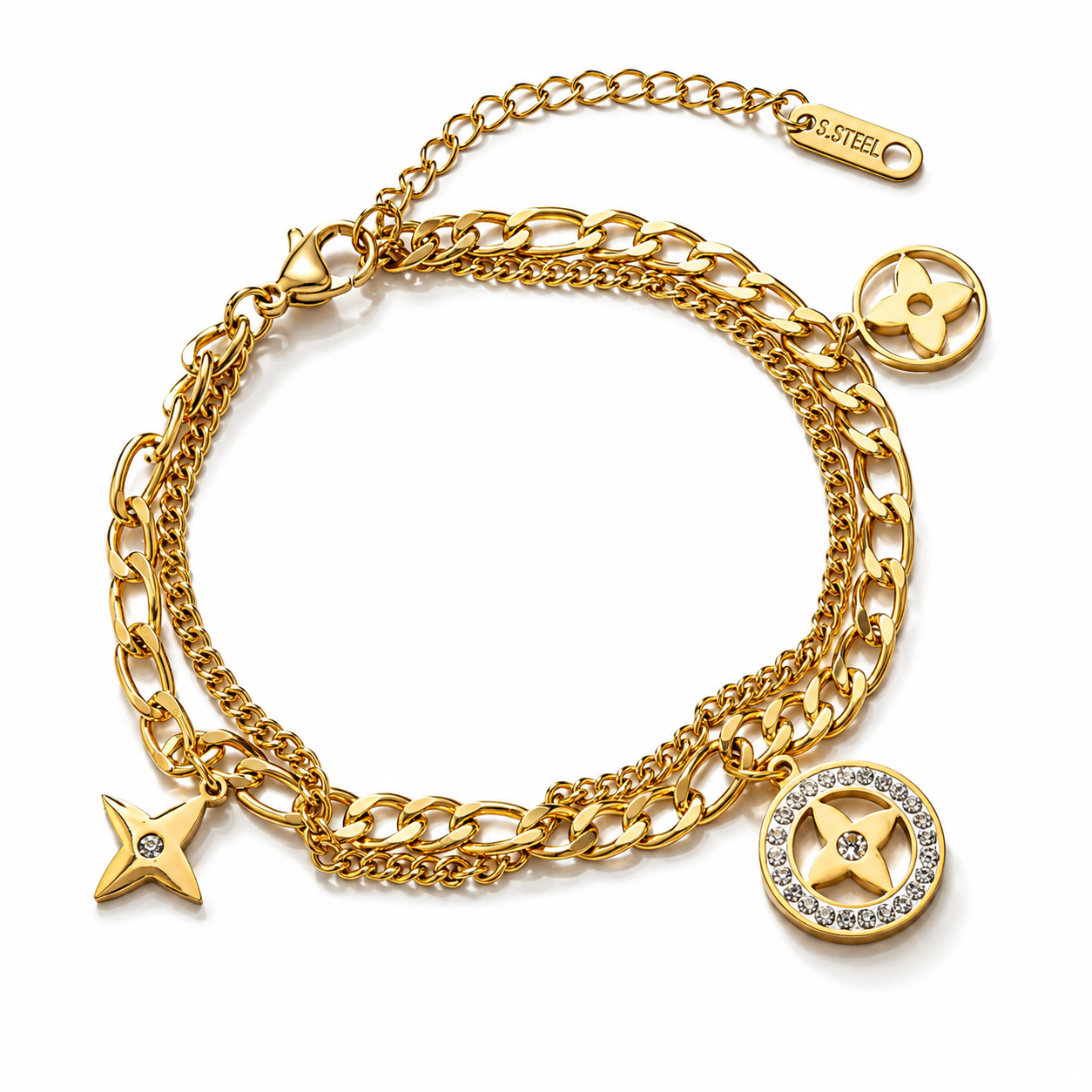 A gold-tone multi-layer chain bracelet with star and flower-shaped charms, displayed on a clean white background. The brand name 'J.
