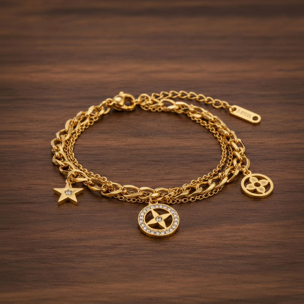 Aurela layered gold chain bracelet with star and pave charms on wood