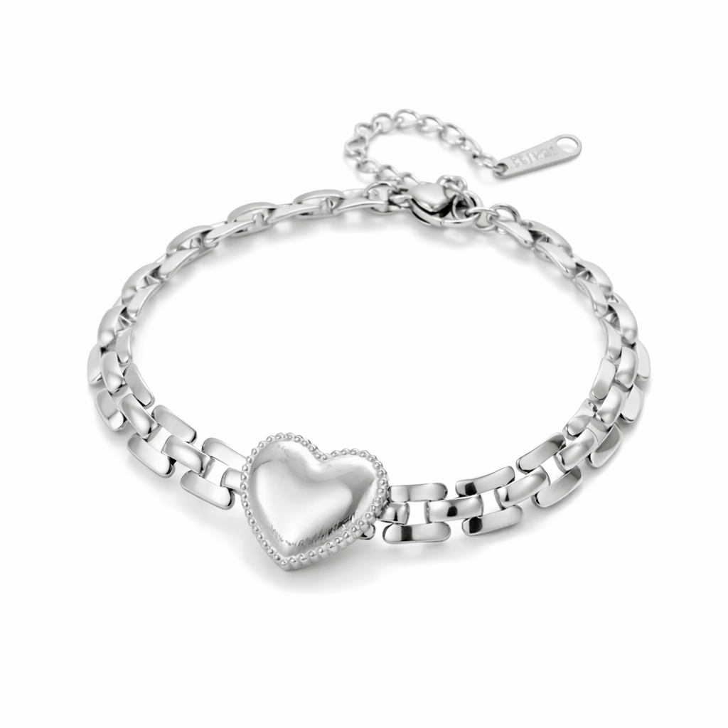 Silver bracelet with a heart-shaped clasp on a white background