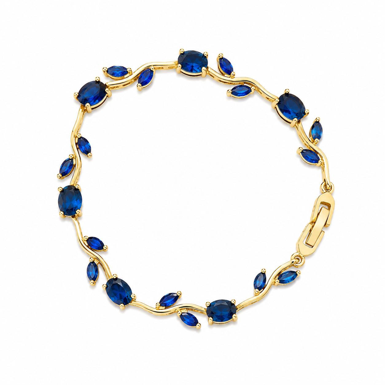 Gold vine-link bracelet with blue marquise and oval rhinestones, 18K gold-plated 304 stainless steel