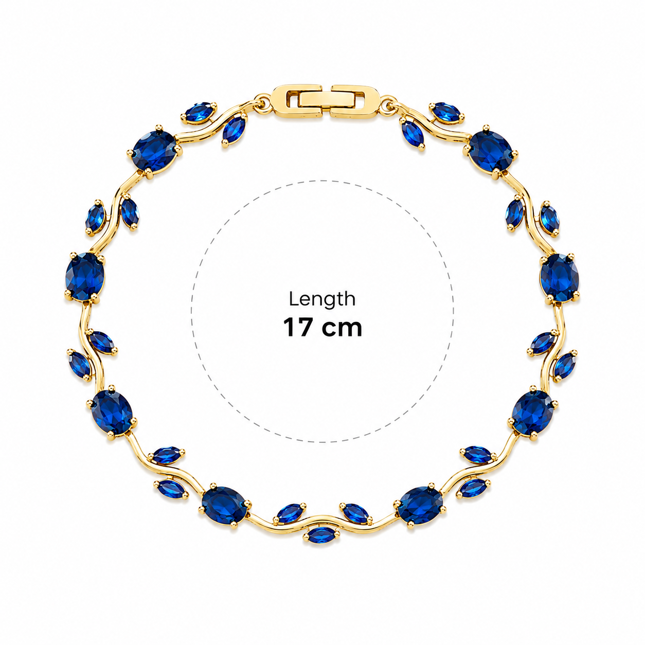 Gold vine-link bracelet with blue rhinestones, shown at 17cm length