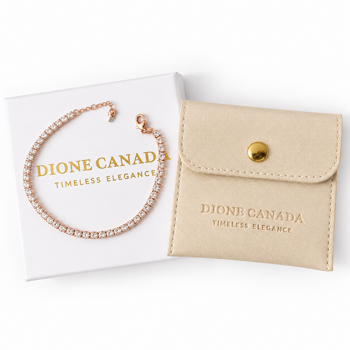 A rose gold diamond bracelet by Dionne Canad is displayed on its white branded gift box above a beige faux-leather pouch with a gold snap button.