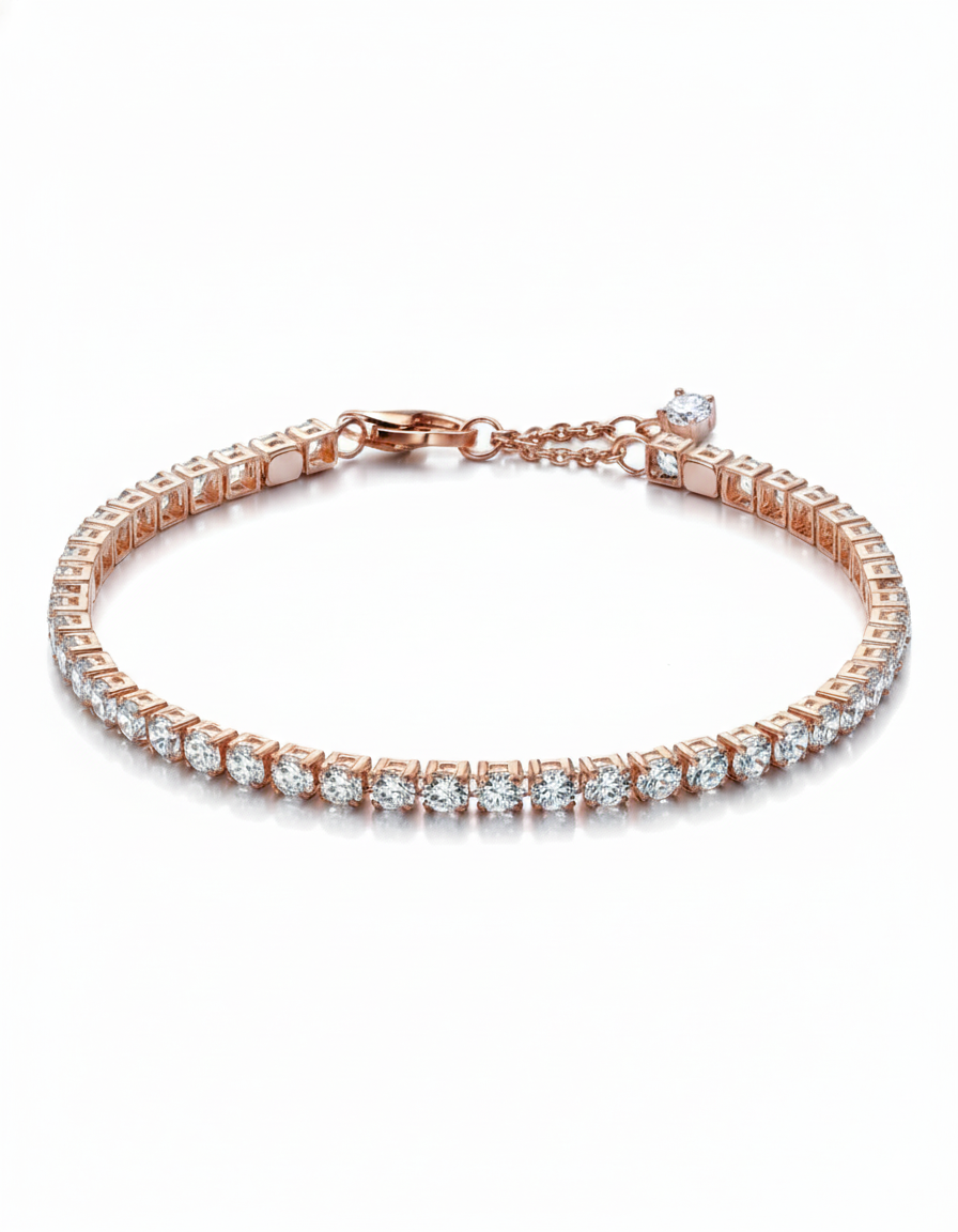 Blush Radiant Tennis Bracelet in rose-gold electroplated copper with round-cut zircon stones and box-chain design by Dione Canada