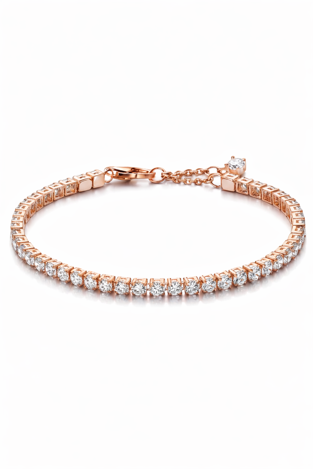 Rose gold bracelet with clear gemstones on a white background