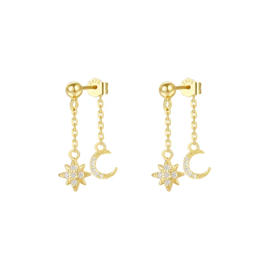 Celest Earrings in 925 sterling silver with gold plating, star & moon motifs with brilliant-cut zircon stones by Dione Canada