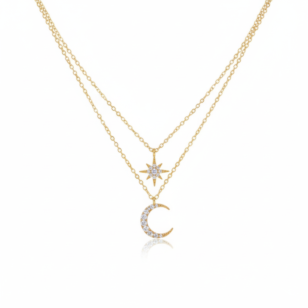 Celeste Duo Necklace in 925 sterling silver with gold plating, featuring star and crescent-moon motifs with zircon stones by Dione Canada