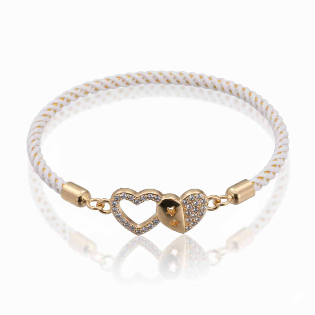 Celestial Bond Bracelet in 18K gold-plated copper with zircon-inlaid heart motif and adjustable rope chain by Dione Canada