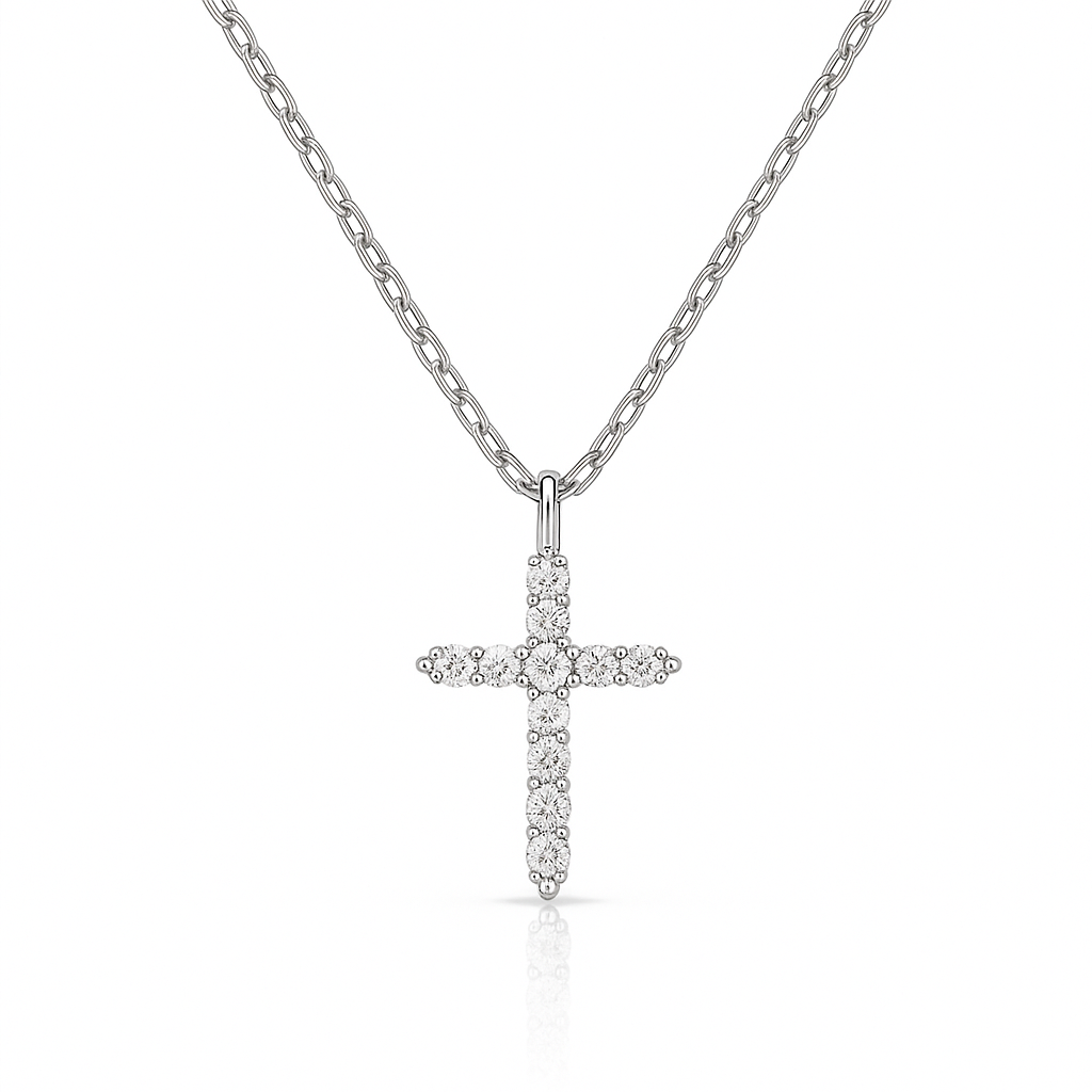 Diamond Cross Necklace in 925 sterling silver with rhodium plating and zircon-adorned cross pendant by Dione Canada