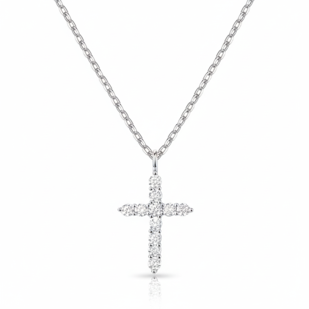 Diamond Cross Necklace in 925 sterling silver with rhodium plating and zircon-adorned cross pendant by Dione Canada