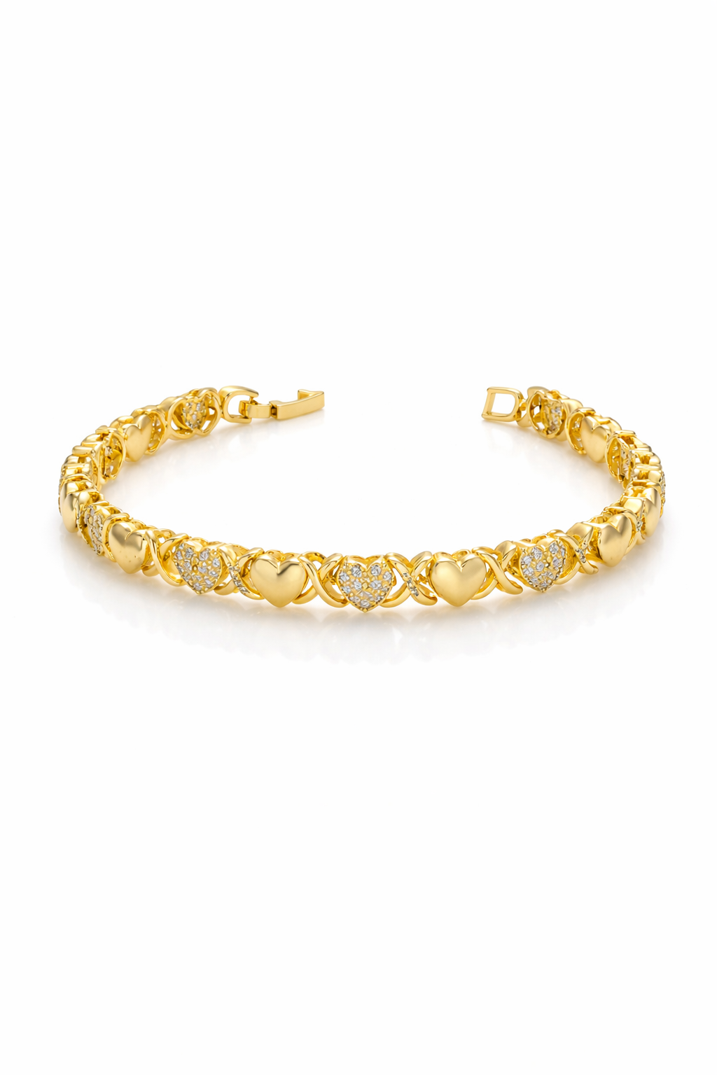 Gold bracelet with heart-shaped links on a white background
