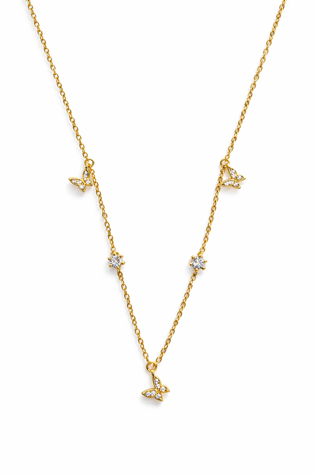 Dione Canada gold butterfly station necklace with delicate crystal accents on a fine chain
