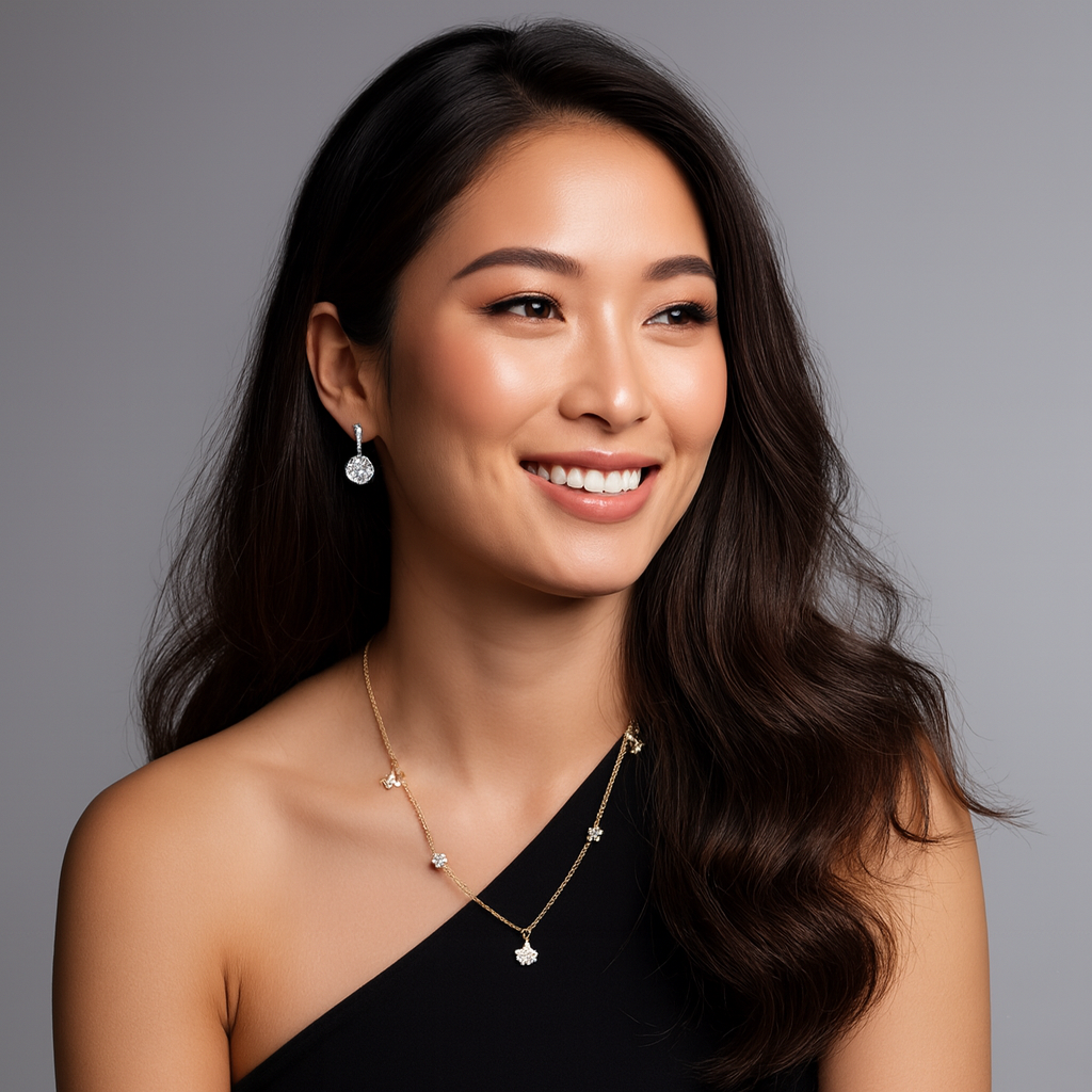 Dione Canada gold elegance jewelry set — model wearing matching gold necklace with crystal charms and gold drop earrings, luxury studio portrait.