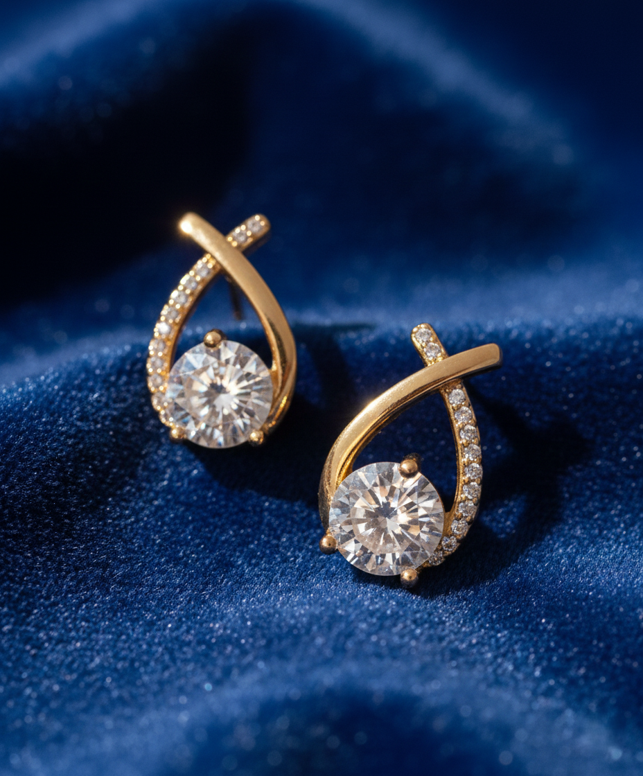 Gold elegance stud earrings by Dione Canada featuring round brilliant stones and curved gold detailing, displayed on deep blue velvet in a luxury close-up.
