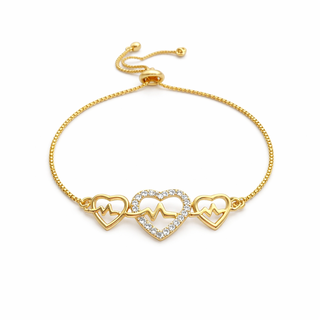 Gold bracelet with heart and heartbeat design on a white background