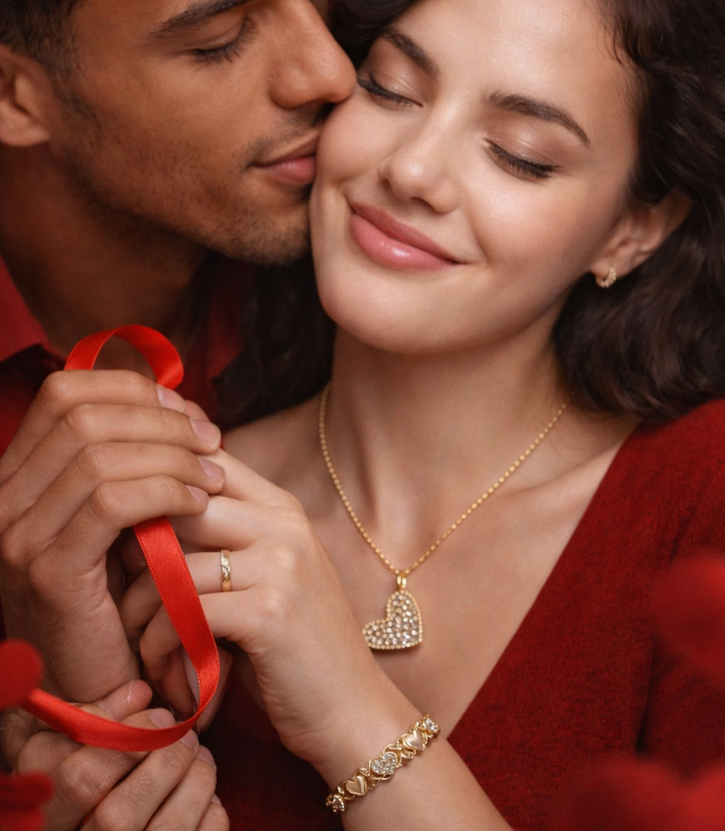 Couple holding hands with a red ribbon, close-up of jewelry