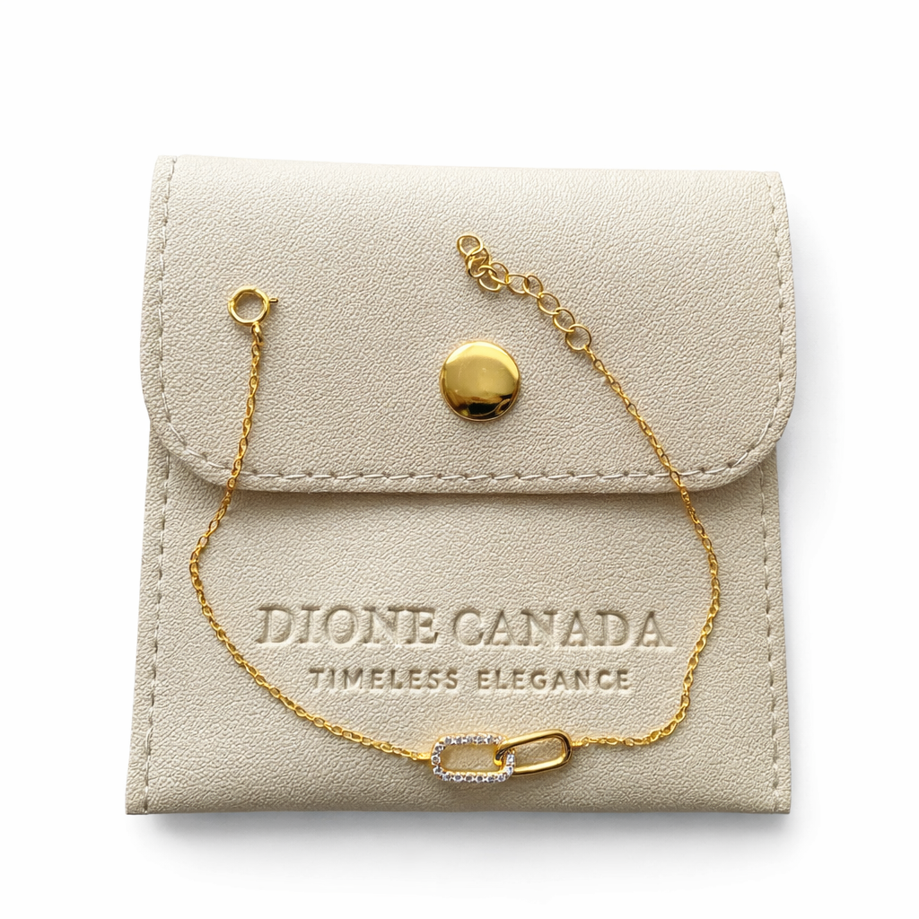 Dione Canada gold paperclip chain bracelet with crystal-accent link displayed on branded pouch
