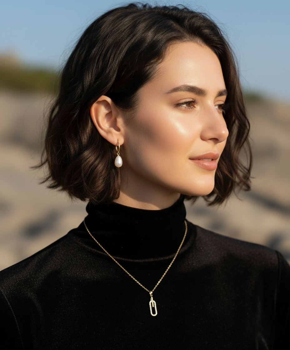 Dione Canada gold pearl drop earrings paired with a delicate gold pendant necklace, shown on a model in a warm outdoor portrait highlighting the jewelry’s elegance.