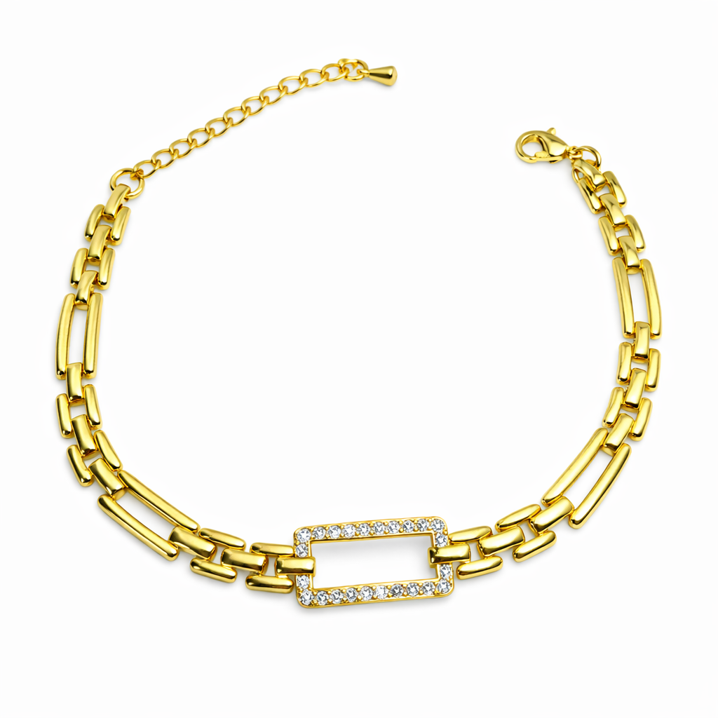 Dione Canada gold rectangle link chain bracelet with cubic zirconia centerpiece
