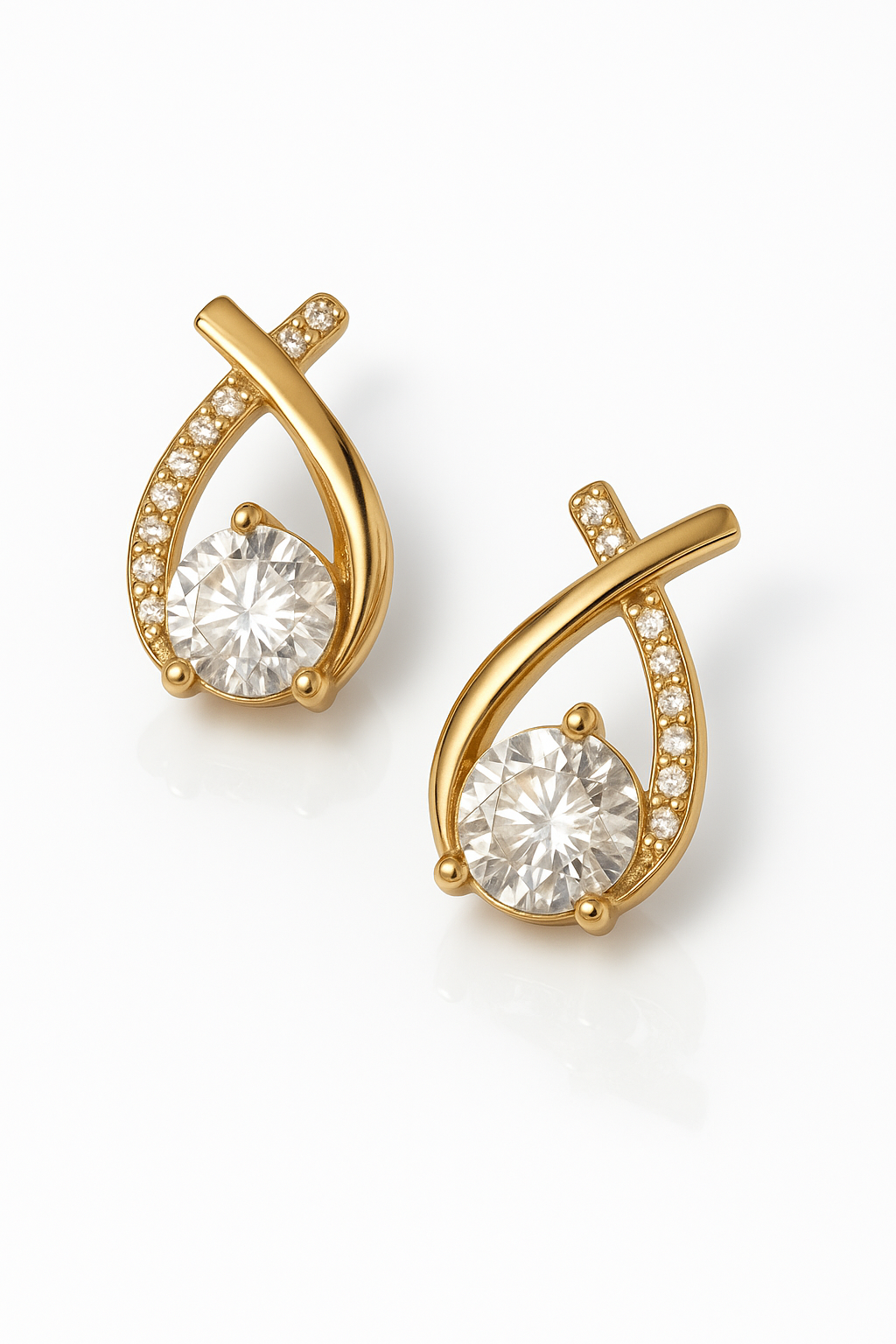 Gold Sparkle Cradle Earrings by Dione Canada — 18K gold finish with brilliant round centerpiece and pavé accents, luxury studio close-up.