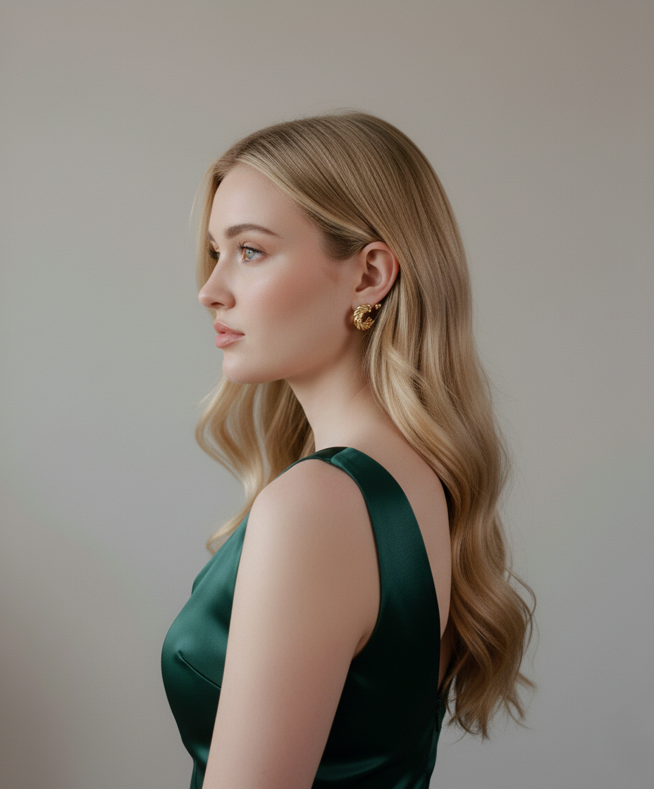 “Dione Canada gold statement earrings shown on a model in a soft studio portrait, highlighting the textured design and elegant styling.