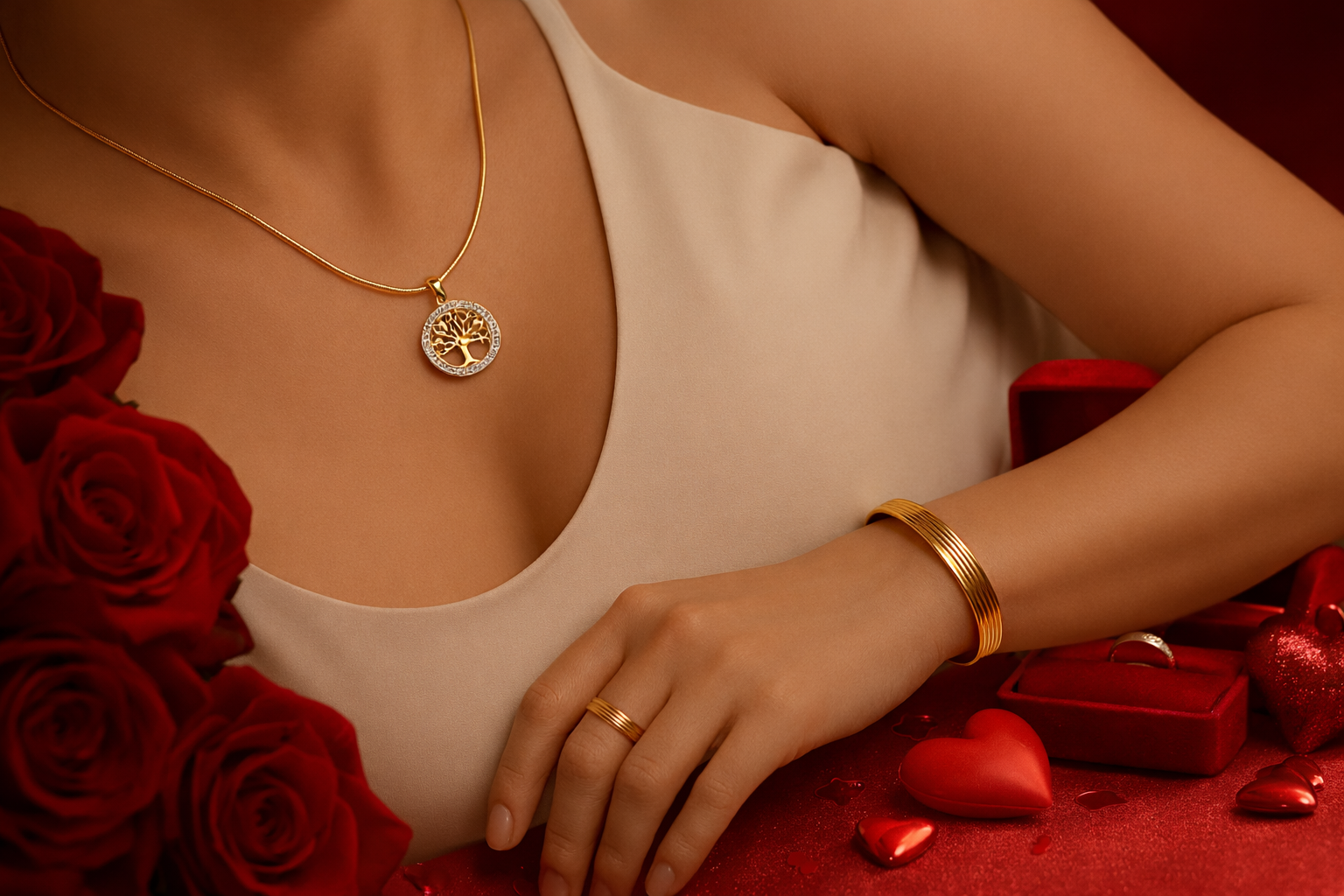 Woman wearing a gold necklace, ring, and bracelet with red roses and heart-shaped objects on a red surface.