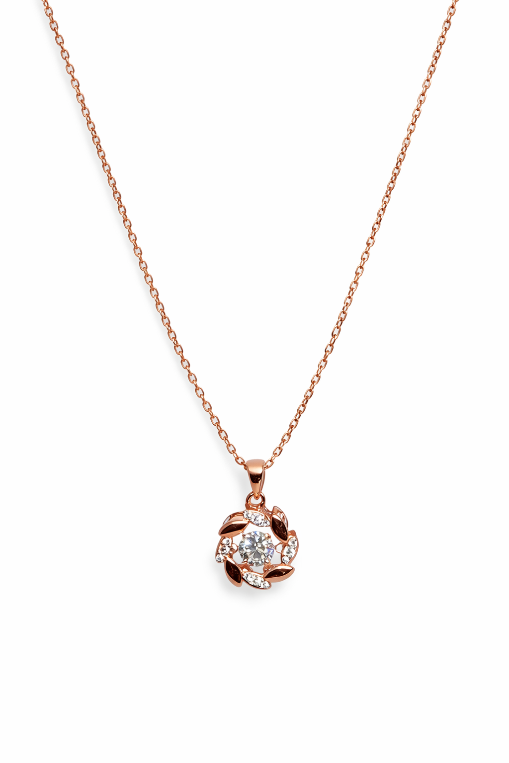 Dione Canada rose gold floral pendant necklace with sparkling cubic zirconia stones on a fine chain
