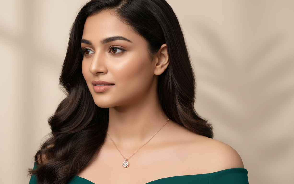 Model wearing a rose gold floral pendant necklace from Dione Canada in an elegant studio portrait.