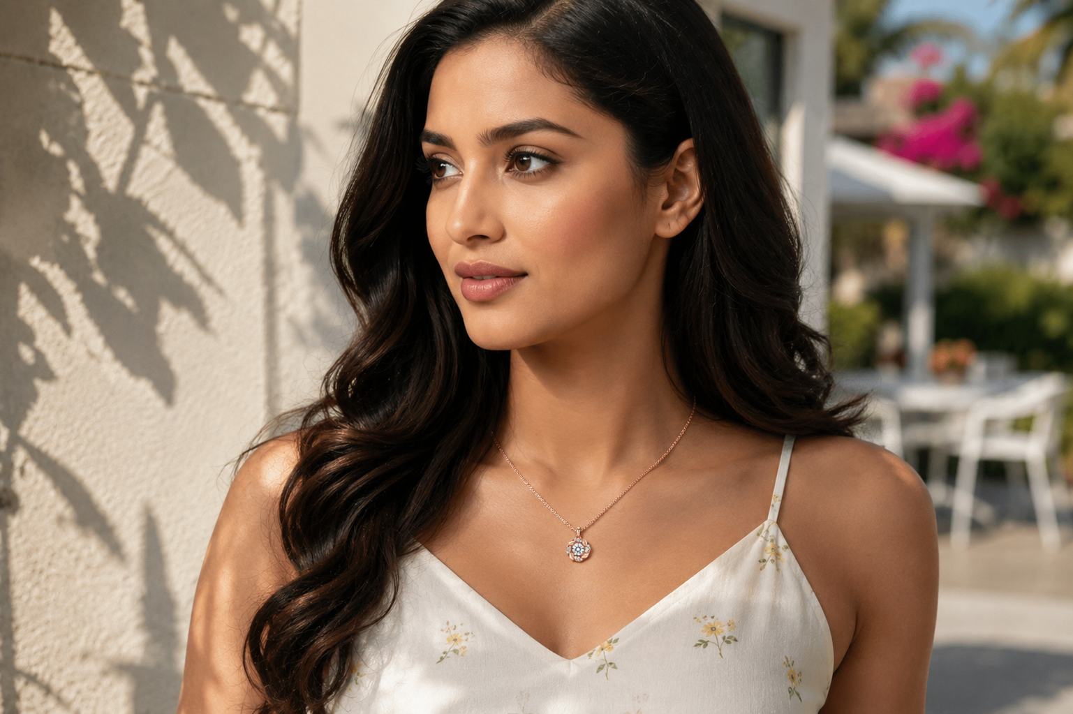 Woman wearing a white floral dress with a necklace, standing outdoors.