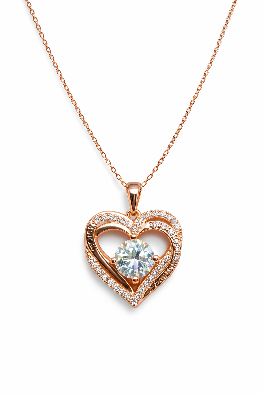 Dione Canada rose gold heart pendant necklace with sparkling cubic zirconia center stone
