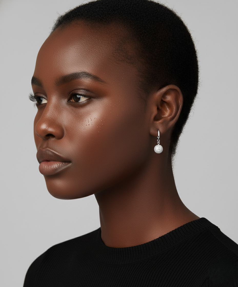 Dione Canada silver crystal drop earrings shown on a model in a clean studio portrait, highlighting the elegant sparkle and minimal design.