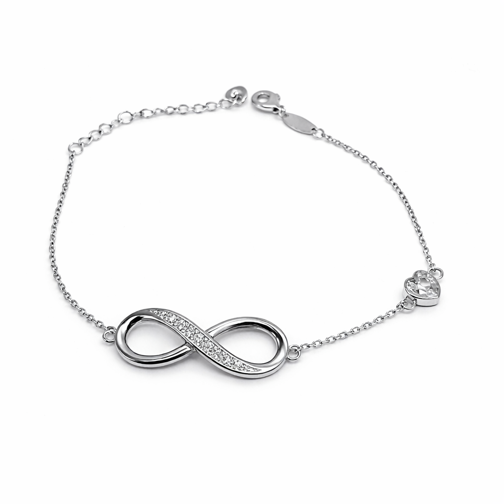 Dione Canada silver infinity bracelet with crystal accents on a delicate adjustable chain
