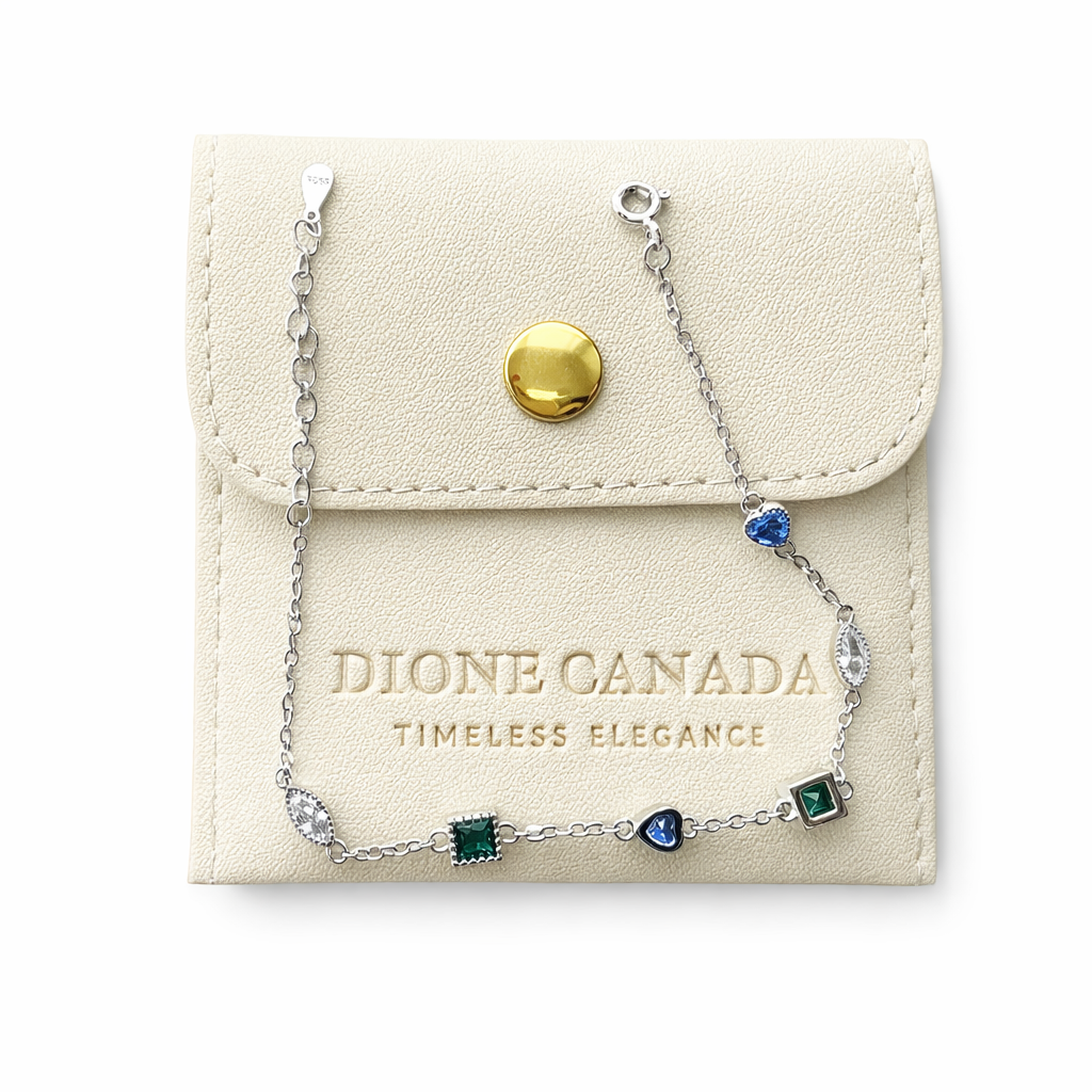 Dione Canada silver station bracelet with multi-color gemstone accents displayed on branded jewelry pouch
