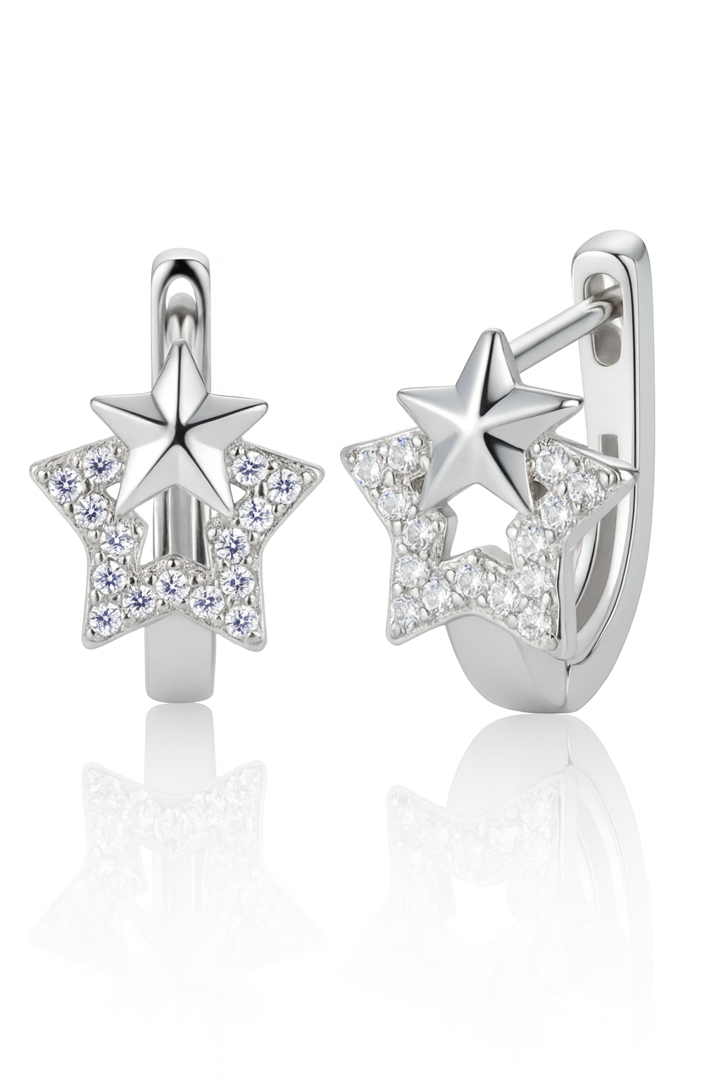 Starlit Hoop Earrings by Dione Canada — silver star-shaped design with pavé crystal accents, luxury reflective studio close-up.