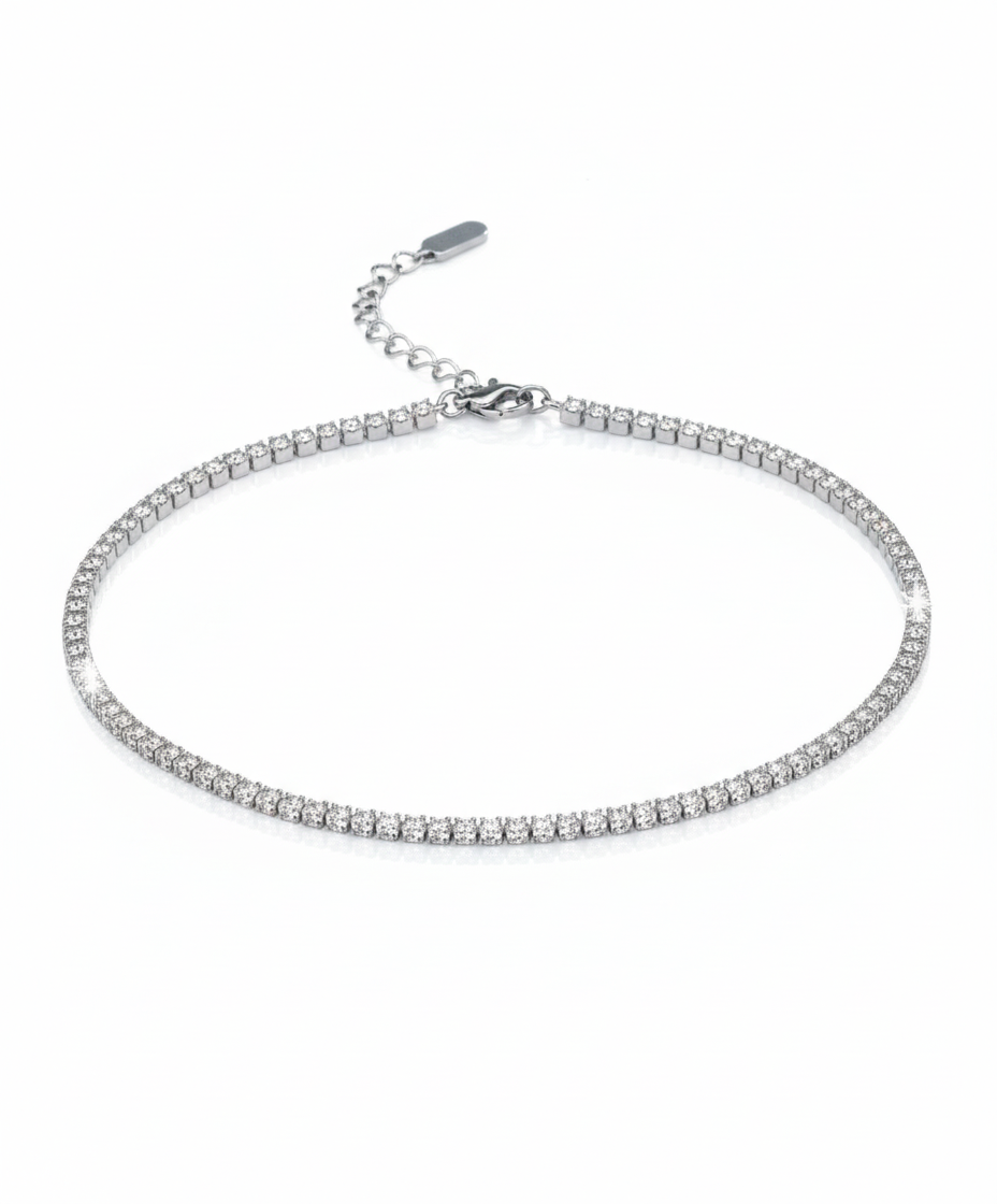 Eterna Tennis Necklace in 925 sterling silver with a row of brilliant-cut zircon stones and high-polish electroplated finish by Dione Canada