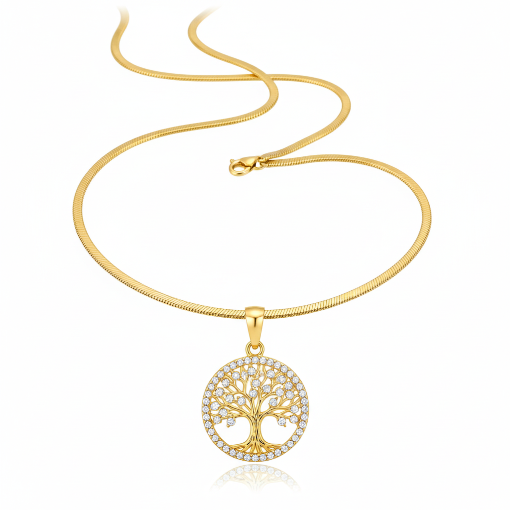 Eternal Roots Necklace in 14K gold-plated 304 stainless steel featuring a detailed tree-of-life pendant with rhinestone accents by Dione Canada