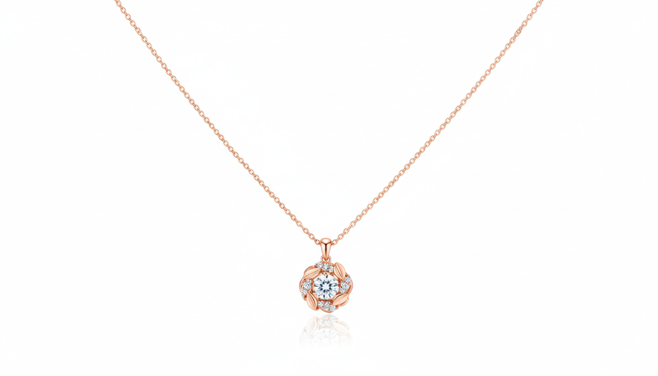 Floral Grace Necklace in S925 sterling silver with rose gold plating, floral pendant design with moissanite centre and zircon accents by Dione Canada