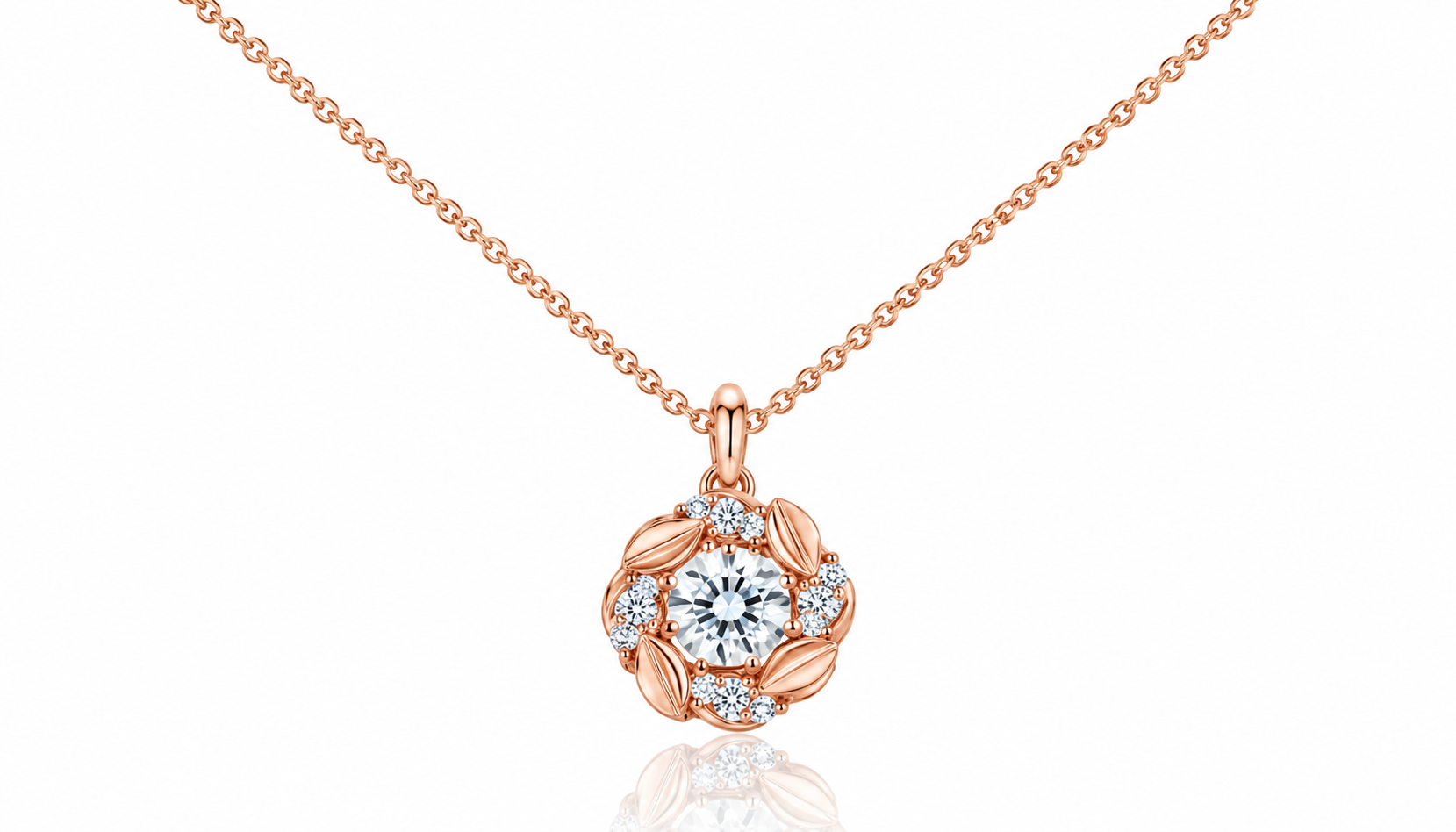 Rose gold necklace with a diamond pendant on a white background