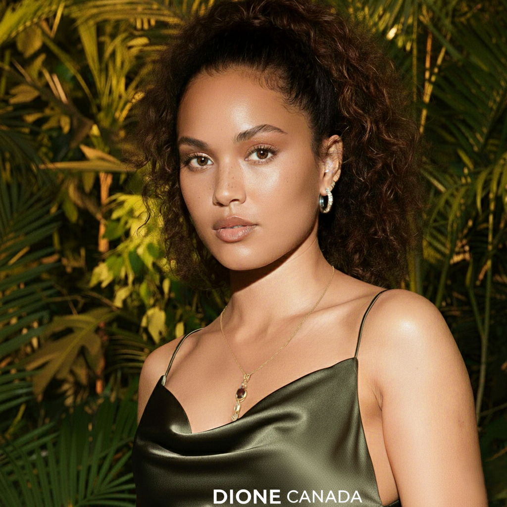 Woman wearing a gold gemstone pendant necklace and hoop earrings during an outdoor tropical photoshoot