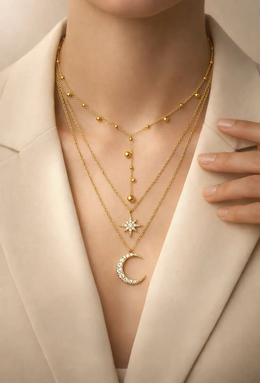 Woman wearing layered gold necklace with beaded chain, star pendant and crescent moon charm in a minimalist styling