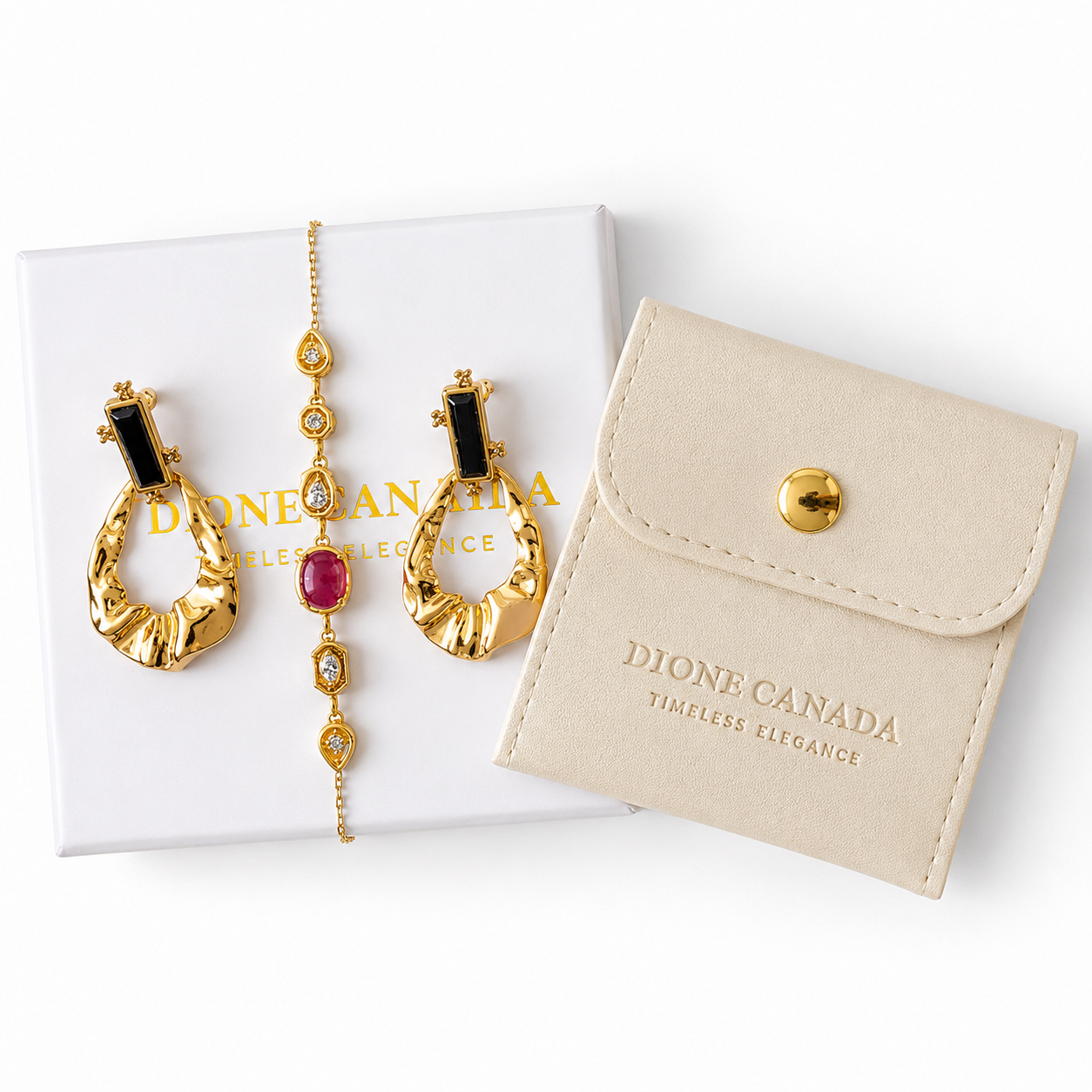 A jewelry gift set from Dionne Canada featuring a gold-tone bracelet with a pink gemstone and a gold-tone ring with a black bar, presented on a white box with a beige leatherette pouch.