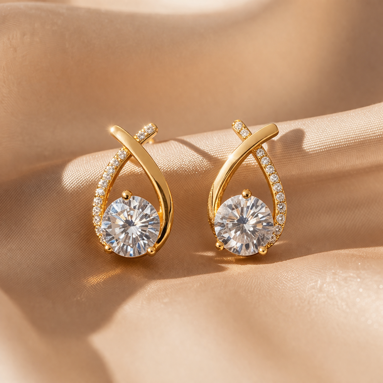 Gold earrings with round gemstones on a beige fabric background