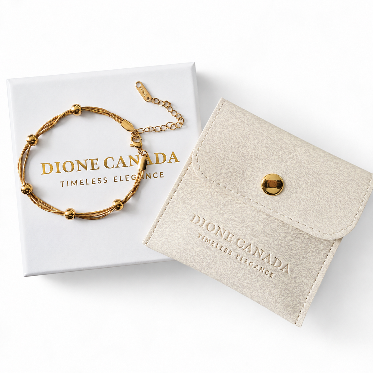 A gold-toned twisted-bead bracelet with a chain extender is displayed on top of a white DIONE CANADA box, with a cream-colored leather jewelry pouch in front on a clean white background.